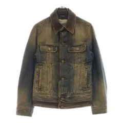 DOLCE & GABBANA (ドルチェアンドガッバーナ) レザーレイヤードデザイン 裏地スウェット VINTAGE加工 デニム トラッカージャケット インディゴ/ブラウン