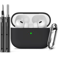 Pro Pro Pro/AirPods 軽量仕様でキズ防止、AirPods 2共用ケース 落下防止・耐衝撃 全面保護設計 ワイヤレス充電可能 ケース プロ シリコン保護カバー、エアーポッズ カラビナ付き、せいじょうペン装備（ブラック） 対応 MagSafe 専