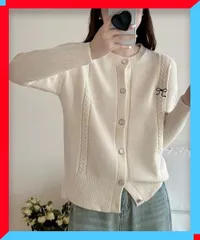 新品 リボンワンポイントニットカーディガン秋冬 着やせニット 無地 フェミニン 着回し オフィスカジュアル