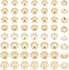 PH PandaHall ビーズキャップ 花座 約160個 304ステンレススチール 座金 8種 菊座透かしキャップ スペーサービーズ フラワー 花状 アクセサリーパーツ ジュエリー用 ピアスパーツ 手芸用品 イヤリング ネックレス( ゴールド)