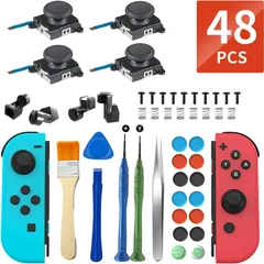 4個入、親指キャップ14個付き- Joycon修理キット 右／左、3Dセンサーアナログジョイスティック コントロール 1修理セット【日本語取扱説明書付】-ジョイコン in Lite/有機elモデル用48 Switch/Switch 修理、OLCLSS ジョイコ