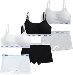 FARFADET ガールズ ブラ 上下セット ジュニア インナー カップ付き 肩ひも調整可 ブラジャー セットアップ 3色組 ボクサーパンツ リブ 部活 デイリー 中学生 小学生 下着 スクール(白黒グレー, Free Size)のサムネイル
