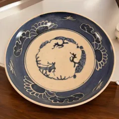 和食器　江戸時代後期　古伊万里染付　見込に松竹梅　墨弾技法　松に雪輪文　18cm皿 5寸皿のサムネイル