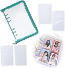 Noalife(ノアライフ) アクスタケース 推し活グッズ 収納 持ち運び ファイル 6リングファスナーケース リフィル チェキ アルバム チェキ帳 エメラルドグリーン リフィルセット( エメラルドグリーン リフィルセット,  A6)