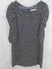 ◇ IENA イエナ 総柄 七分袖 膝丈 ワンピース ブラック アイボリー * 1002799989039 【中古】 【1002799989039】