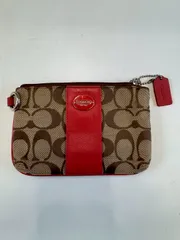 【中古品】 COACHコーチ シグネチャー ポーチ キャンバス×レザー 茶ブラウン×赤レッド 小物入れ バッグ 現状品