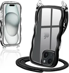 iPhone15 ケース クリア ショルダー カバー いPhone 15 スマホケース 創意 個性 肩掛け 首掛け 斜めかけケース 可愛い かわいい 韓国 透明 TPU 薄型 耐衝撃 アイフォン15(ブラック)