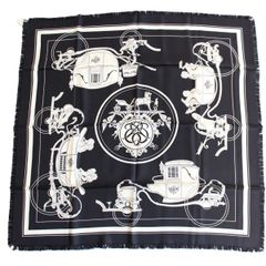 HERMES エルメス カレ 80 スカーフ エクスリブリス フリンジ シルク100％ ブラック系【いおき質店】