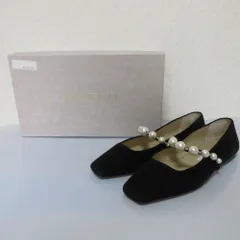 美品 21AW JIMMY CHOO ジミーチュウ スエード パール メリージェーン スクエアトゥ フラットシューズ パンプス 37 23.5cm相当 ブラック レディース 古着 中古 USED