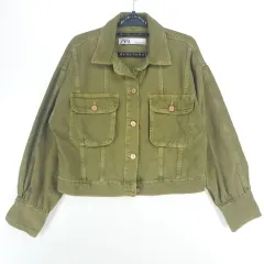 レディース XS ZARA カーキ クロップド デニム ジャケット Y53 ー 150 /レディブルー