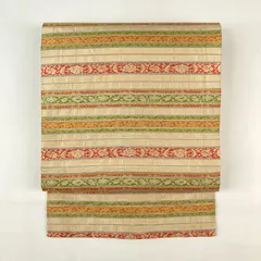 たんす屋 TANSU-YA 中古 リユース帯 名古屋帯 生成り色 マルチカラー カジュアル 織り 色糸 横段 オリエンタル 絹 未洗い MS3333