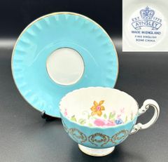 【希少】エインズレイ 鮮やかなターコイズブルー＆百花繚乱 金彩装飾 英国製 F011