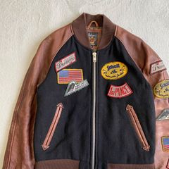 美品【Schott】ショット　エイジング加工　背面刺繍　ワッペン　カウレザー　スタジャン　レザーブルゾン　サイズＭ　レザー：ブラウン　ボディー：ブラック　アメカジ　バイク