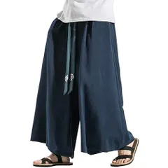 Size:L_Color:ネイビー [BARYPORY] ワイドパンツ 袴パンツ 和式ズボン メンズ ガチョウパンツ ゆったり ベルト付き 和柄 無地 サルエル ビッグシルエット衣装 大きいサイズ ルームウェア オールシーズン ゆるゆる 男女兼用 (L, ネイ