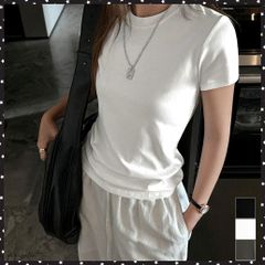 Tシャツ レディース フィットカットソー レディース クルーネックtシャツ 細見え夏服 ストレッチトップス シンプル 着回し タイトtシャツ 半袖カットソー無地 重ね着トップス薄手 ベーシックtシャツ 着やせカットソー黒