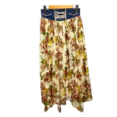 アクシーズファム axes femme スカート フレア プリーツ レース リボン 花柄 ロング丈 M ベージュ 青 ブルー マルチカラー