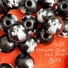 ♡no.1119ハロウィンゴースト木製ビーズ♡ウッドおばけオバケ黒仮装モノトーン