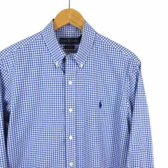 ラルフローレン RALPH LAUREN シャツ ボタンダウン ドレスシャツ スリムフィット SLIM FIT 長袖 ギンガムチェック ポニー ロゴ 刺繍 M 青 ブルー 白 ホワイト 国内正規品 美品 