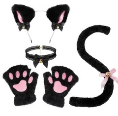 猫耳 カチューシャ 肉球手袋 尻尾 チョーカー 鈴付き やわらかい ハロウィン コスプレ 小物 4点セット (ブラック)