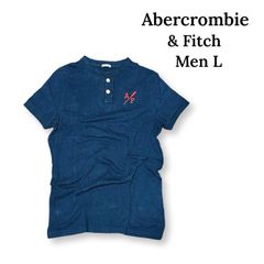 Abercrombie & Fitch アバクロンビー&フィッチ ヘンリーネック ワンポイント コットン 半袖 Tシャツ Lサイズ ネイビー 紺 メンズ