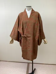 道中着　羽織　着物　女物　赤茶　緑　リサイクル着物　裄67cm　c-453