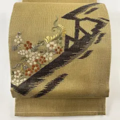 袋帯 秀品 夏帯 関西仕立て 花唐草 幾何学 刺繍 金糸 金色 お太鼓柄 正絹 【中古】