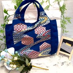 帯リメイク品◇トートバッグ 青柄