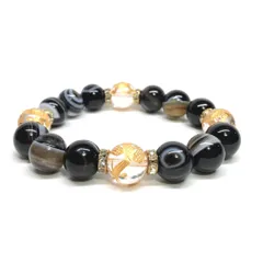 12mm 四神獣金彫水晶×チベットアゲート（天眼石） パワーストーン ブレスレット天然石 運気上昇 金運 ギャンブル運 お守り （ゴールド）メンズ・レディース 男性・女性 数珠ブレス 開運 ■