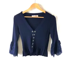 スーパービューティー  super beauty カーディガン Vネック デザイン袖 レース リボン ビジュー スパンコール フリル リブ 紺 42サイズ 963759