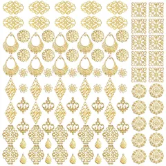 【在庫処分】アクセサリー 台座 金具 ビジュー かんざし ピアス イヤリング ハンドメイド 素材 DIY 三角 四角 雫 月 花 (A) ゴールド 100個セット パーツ 透かし サムコス