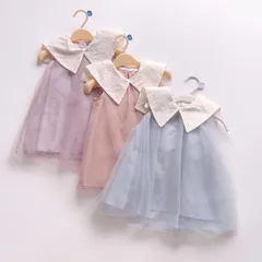 【在庫限り】韓国 海外 輸入 子供服 ベビー服 キッズ 赤ちゃん 女の子 かわいい ワンピース トップス チュール ノースリーブ 半袖 ふわふわ レース タンクトップ おしゃれ襟 お出掛け 誕生日 お祝い パーティー 80cm 90cm