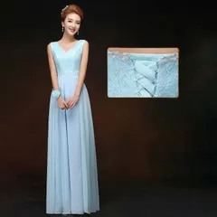 ライトブルー パーティードレス レディース ワンピース イブニングドレス ロングドレス レース フォーマルドレス ブライダル ウェディング 結婚式 二次会 Vネック お呼ばれ ピアノ 発表会 宴会用 演奏会 ステージ シフォン 袖なし da045ze