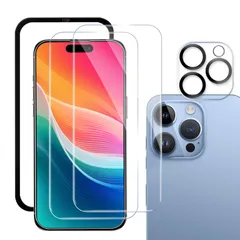 For iPhone 15 Pro Max ガラスフィルム【2枚】＋カメラフィルム【1枚】日本旭硝子素材 9H硬度 耐衝撃 キズ防止 飛散防止 高透過率 気泡防止 For アイフォン 15 Pro Max ガラスフィルム+レンズフィルム 【ガイド枠