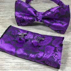 蝶ネクタイ　カフス　チーフ　3点セット　ペイズリー　結婚式　卒業式　入学式　入社式　パーティー イベント ダンスパーティー バーテンダー　ワンタッチ　パープル ブラック スーツ ワイシャツ 格安 小物 メンズネクタイ ポケットチーフ カフスボタン 3点 セット
