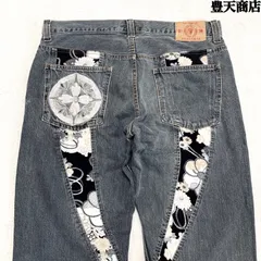 豊天商店 デニムパンツ ジーパン ジーンズ 和柄 花柄 家紋 刺繍 先染めブラック XLサイズ フェードブラック グレー 黒系 ブーデンショウテン