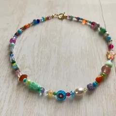 カラフルビーズネックレス／チョーカー  天然石、チェコビーズ、パールビーズ