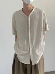 種類1：3XL/C：白Tシャツ 秋冬 コーデ メンズ  服 シンプル ファッション オシャレ 大人 かっこいい 大きいサイズ ストリート 紳士服  レトロ 薄手 綿 リネン 半袖 シャツ ゆったりノー カラー カップル兼 レディース