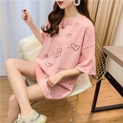 人気商品　おしゃれ　韓国風　着やせ　半袖Tシャツ　レディーストップス　カジュアル　プルオーバー　ロングTシャツ　ラウンドネック
