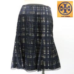 TORY BURCH スカート ひざ丈 チェック フレア 32121365 ネイビー #4 トリーバーチ ◆送料込◆質屋-10897