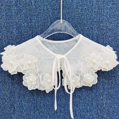 刺繍入り つけ襟 付け襟 花柄 立体　刺繍 パール付き レース オーガンジー 白 上品 かわいい おしゃれ 上質