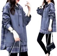 【М・L・XL・２XL・3XL】レディース パーカー チュニック ワンピース チェック長袖 フード付きゆったり オーバーサイズ  大きいサイズフード付き トレーナー シャツ トップス 体型カバー プルオーバー  原宿系 韓国インポート マタニティー秋冬