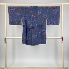 リユース着物 道中着 カーキ 緑 青 カジュアルからフォーマル 唐花 袷 絹 未洗い 【身丈】88cm【裄丈】64.5cm MS4034