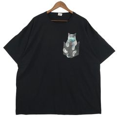 三日月に座る猫ビッグプリント スポーティー素材ブラックTシャツ 
