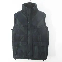 ディーゼル DIESEL ダウンベスト ノースリーブ ジャケット S ネイビー系 チェック柄 ジップアップ スナップボタン ポケット