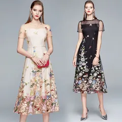 【新品 未使用】2026新作 花柄ドレス パーティードレス 結婚式 ウエディング 二次会 レディース 上品 綺麗 大人 ベージュ ブラックドレス レース ブライダル チュール 