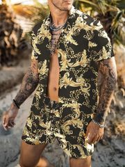 バロック柄 半袖シャツセットアップ ハーフパンツ 上下 黒×黄 044 柄シャツ 大きいサイズ ヤクザ ヤンキー オラオラ系 悪羅悪羅 服 メンズ ファッション