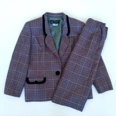 美品⭐️ ハーディエイミス ロンドン HARDY AMIES LONDON スーツ セットアップ チェック パイピング クルミボタン ウール100 英国 フランス製 レトロ11号 大きめ