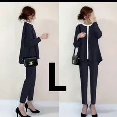 新品　ママ　パンツ　スーツ　黒　ノーカラー　セットアップ　ペプラムデザイン　フォーマル  オフィスカジュアル　就活　OL ファッション　ママスーツ　卒業式　食事会　飲み会　入学式　上品　体型カバー　定番　春　夏　秋　冬　クリスマス