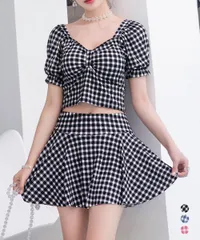 【上品ガーリー】ギンガムチェック水着セット ハイウエスト パンツ付き 体型カバー 2点セット