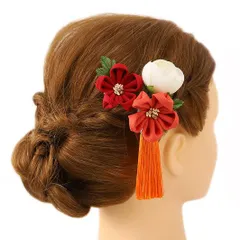 髪飾り 成人式 つまみ細工 赤 振袖 前撮り 袴 浴衣 夏祭り 花火大会 豪華4点セット 白 オレンジ 朱色 ちりめん 房付き ヘアア No.9-4137